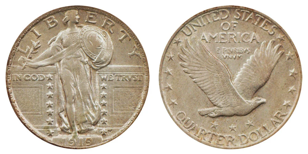 1919 Standing Liberty Quarter obverse showing Liberty's full figure and helmet detail