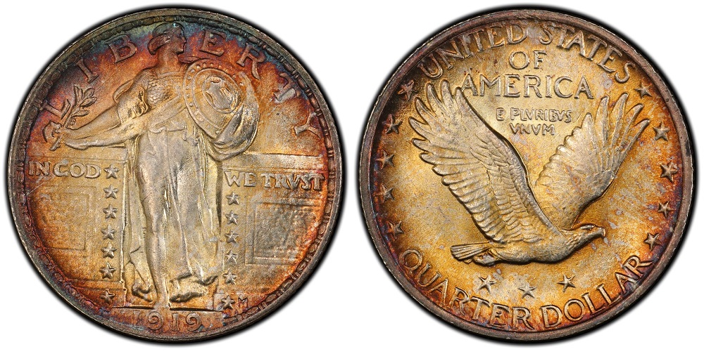1919 Philadelphia Standing Liberty Quarter Full Head designation — close-up of helmet showing three distinct leaves