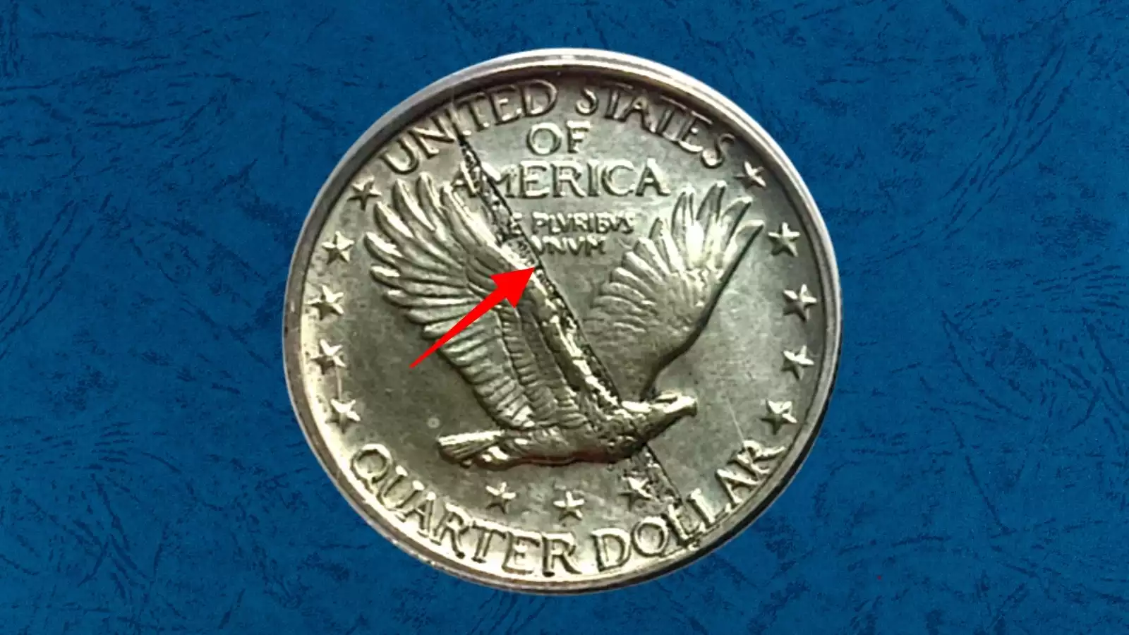 1919 Standing Liberty Quarter lamination error — reverse showing metal peeling or flaking from planchet surface