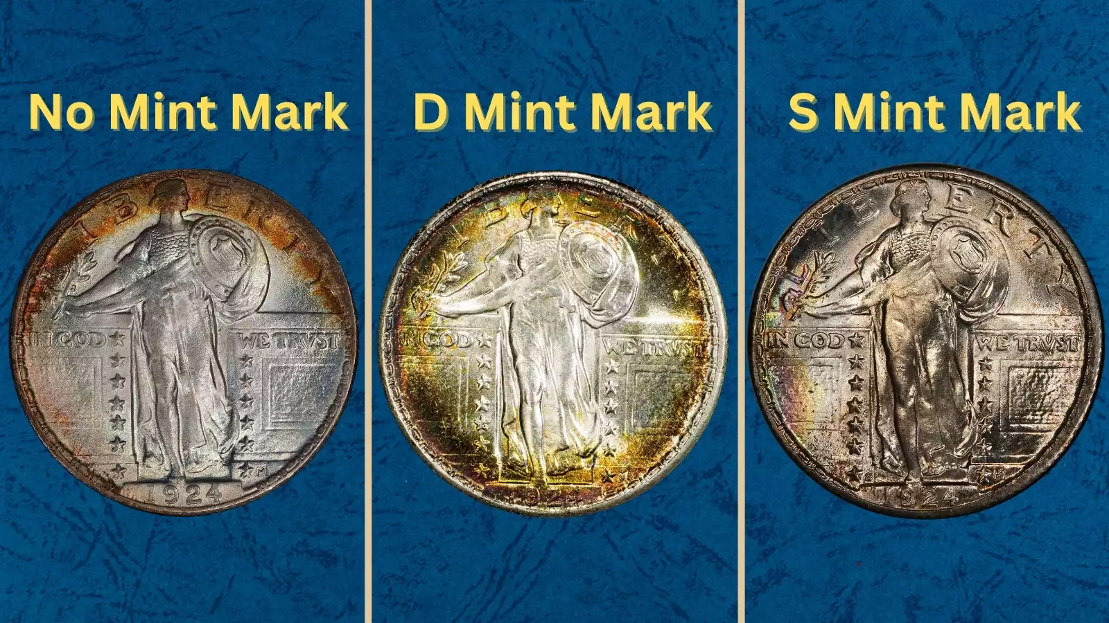 Three 1919 Standing Liberty Quarters showing Philadelphia no-MM, Denver D, and San Francisco S mint marks — mintage comparison