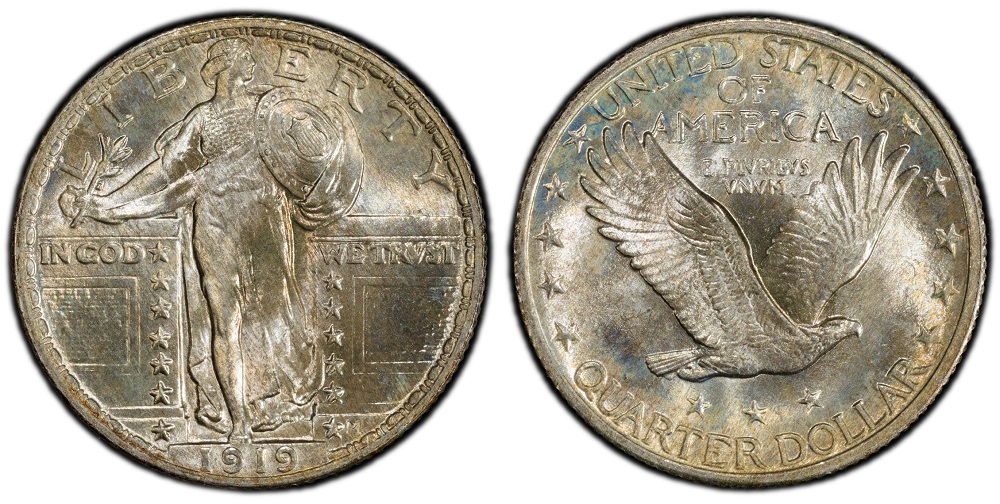 1919 Standing Liberty Quarter grading strip showing four condition tiers: Worn, Circulated, Extremely Fine, and Mint State